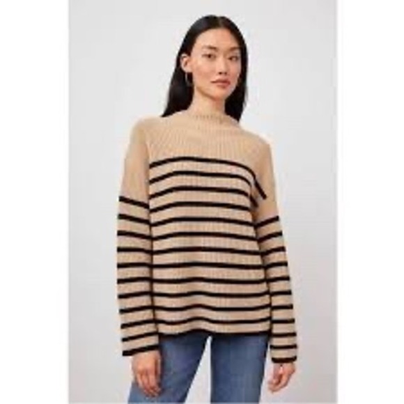 Rails Sweaters - Rails Claudia Stripe Funnel Neck Sweater Camel Ebony Wool Cashmere Small